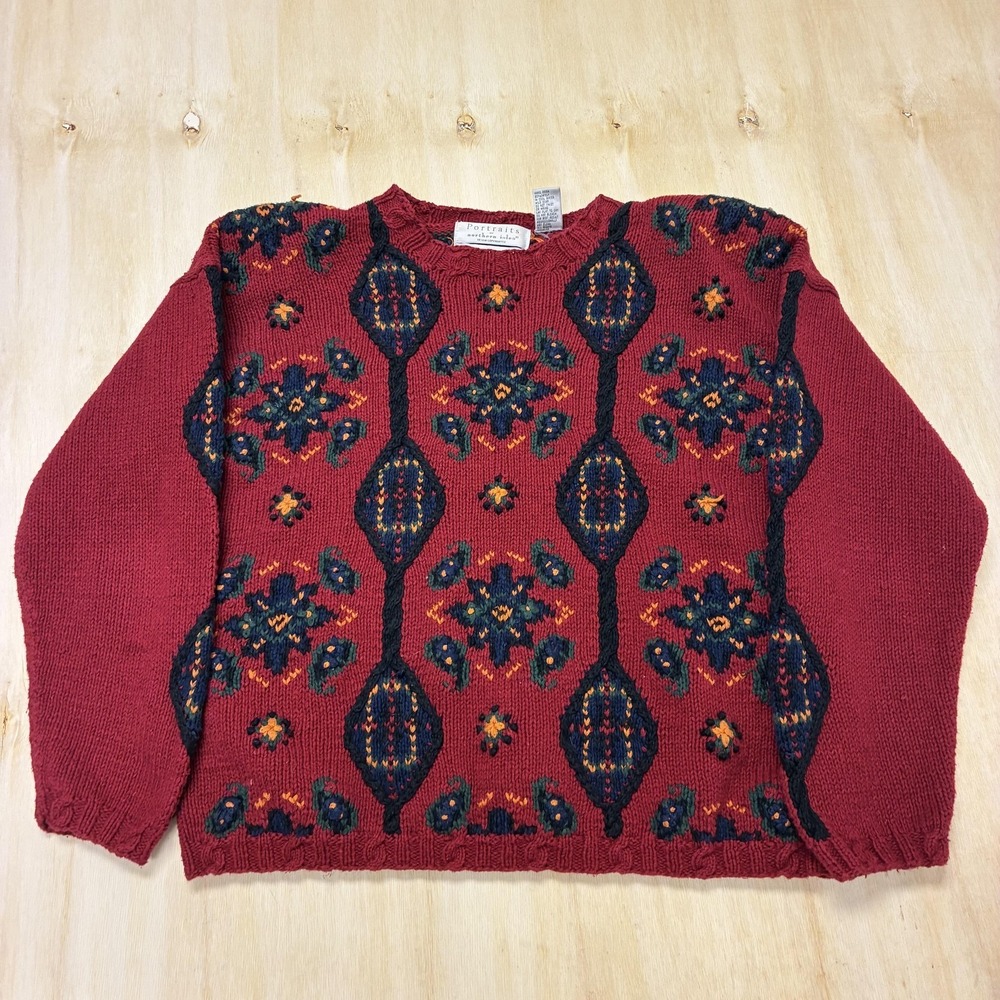 Vintage Portraits By Northern Isles Sweater Womens XL Red Floral Hand Knit